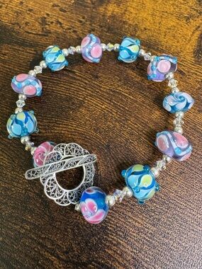 Vintage JBB Pink & Blue Lampwork Bead Bracelet Sterling Silver Filigree Toggle
